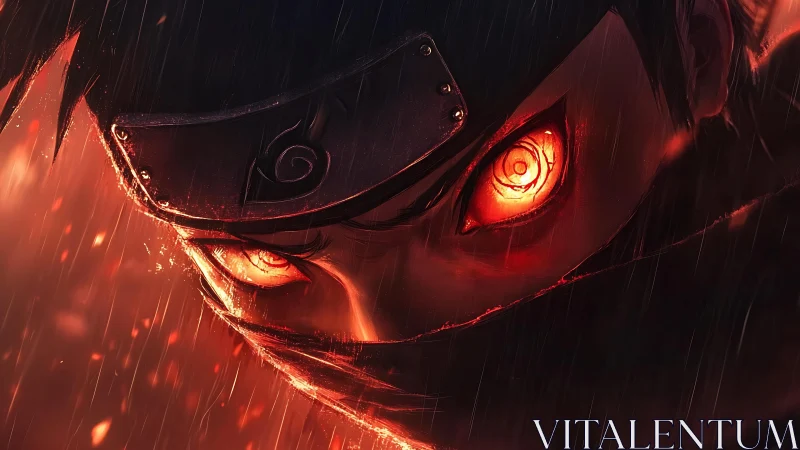 Burning ninja gaze under rain with intense crimson eyes.