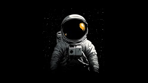 Astronaut in detailed suit holds camera against star field