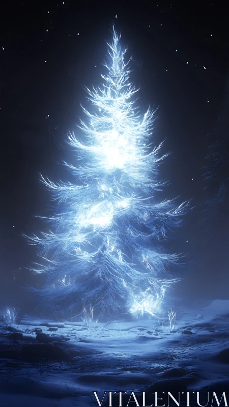 Luminous conifer tree in dark winter landscape at night.