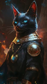Regal obsidian cat priest with glowing cyan eyes, gilded armor.