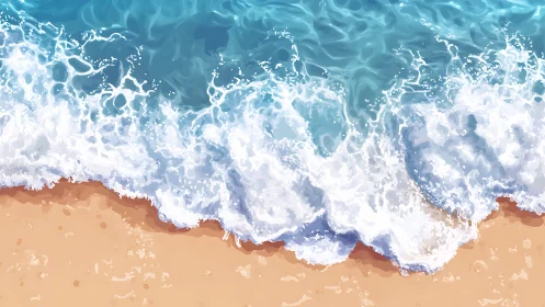 Waves breaking on sandy shoreline in stylized seascape.