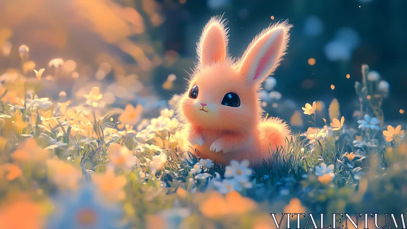 Soft orange bunny resting in glowing spring meadow.