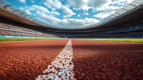 Stadium sprint lane under dramatic sky with low angle focus.
