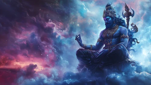 Blue celestial deity in meditation amid swirling cosmic clouds.