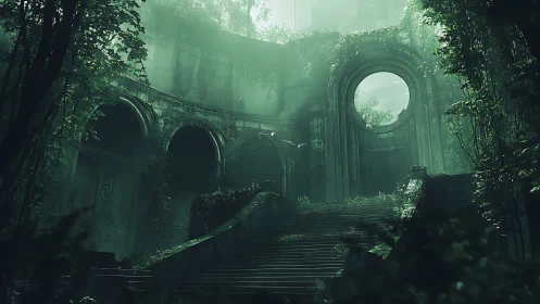 Emerald ruins inhale the light as stone archways remember