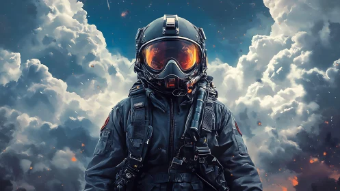 Armored jet pilot stands poised amid storm-lit clouds.