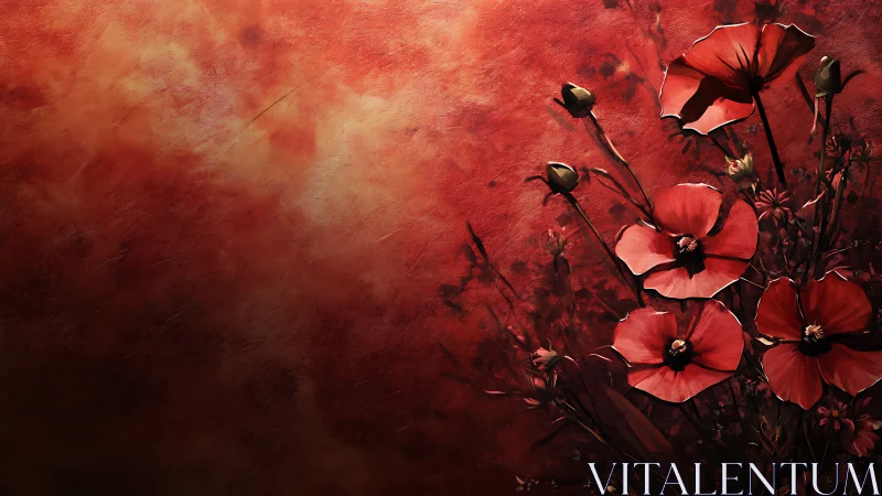 Red Poppies Against Textured Crimson Background.