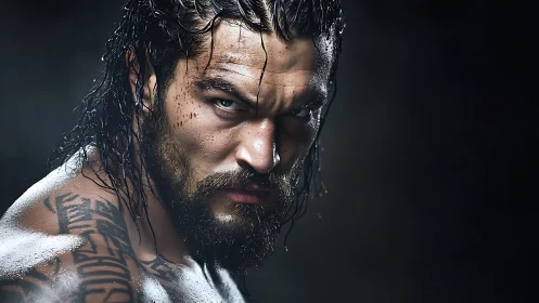 Close cropped portrait shows wet, tattooed male subject