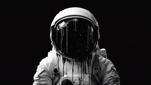 Astronaut with dripping starfield visor evokes cosmic mystery.
