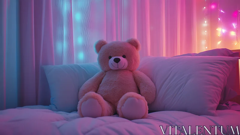 Cozy teddy bear glowing softly under dreamy neon lights.