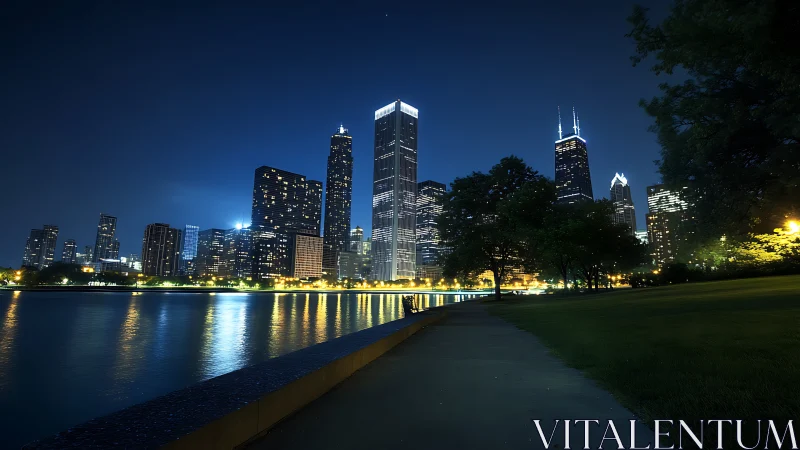 City waterfront skyline glows under deep blue night sky.