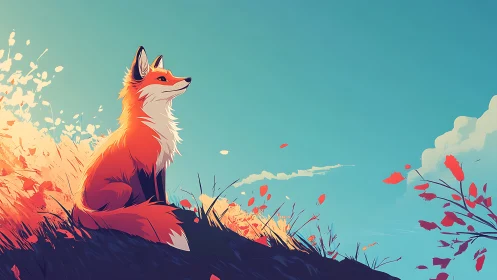 Fox watches autumn hillside under clear teal sky.