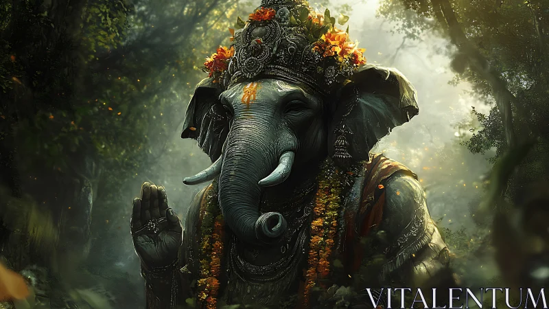 Divine elephant-headed deity statue in luminous jungle haze