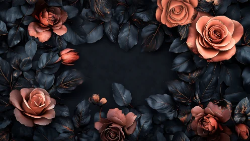 Copper Roses with Dark Foliage on Black Background.