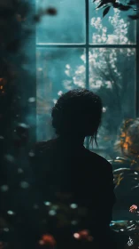 Silhouette watches misted window in teal forest light.