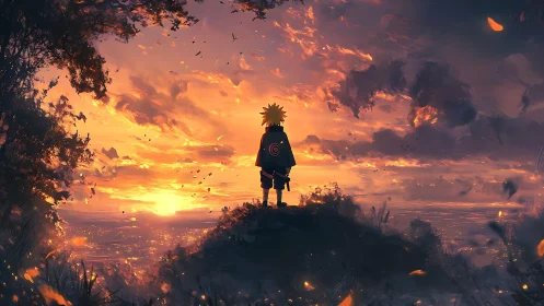 Solitary cloaked figure observing expansive sunset horizon.