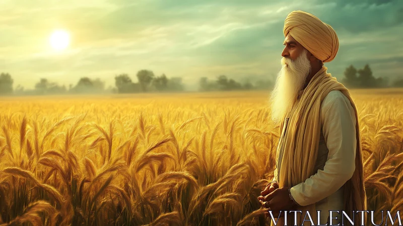 Elderly farmer stands in golden wheat field at sunrise.