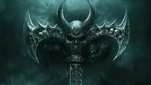 Haunting skull axe emerging from swirling teal mist.