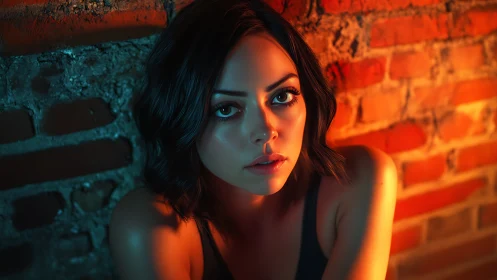 Cinematic portrait in warm rim light against textured brick wall