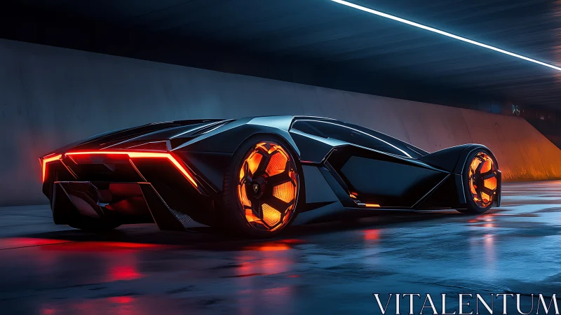 Midnight neon supercar gliding through a sleek tunnel.