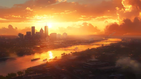 Riverside skyscrapers drink molten sunlight at stormy dusk