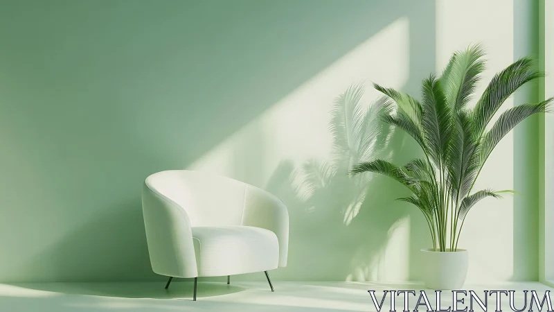 Minimalist green lounge with soft armchair and potted palm