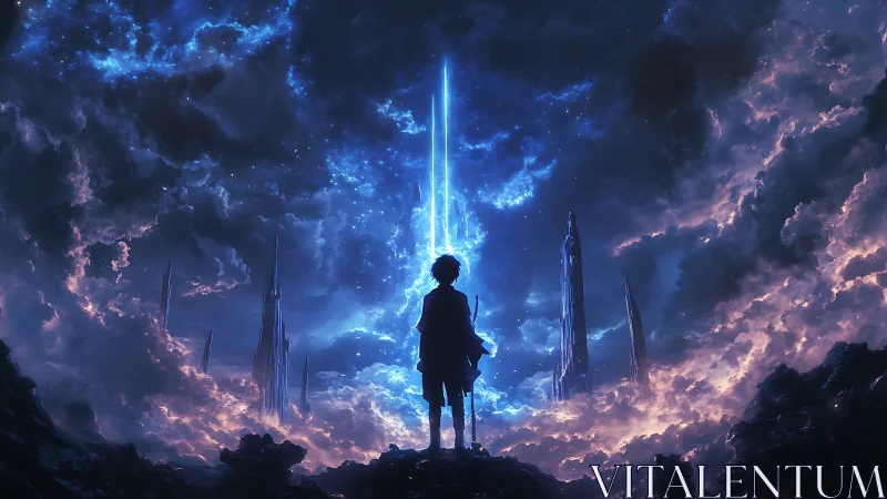 Concept art celestial gateway with lone silhouetted figure.