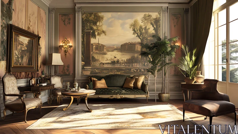 Neoclassical salon interior with mural, plants and afternoon light