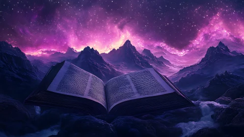 Open cosmic book releases glowing purple mountain skies