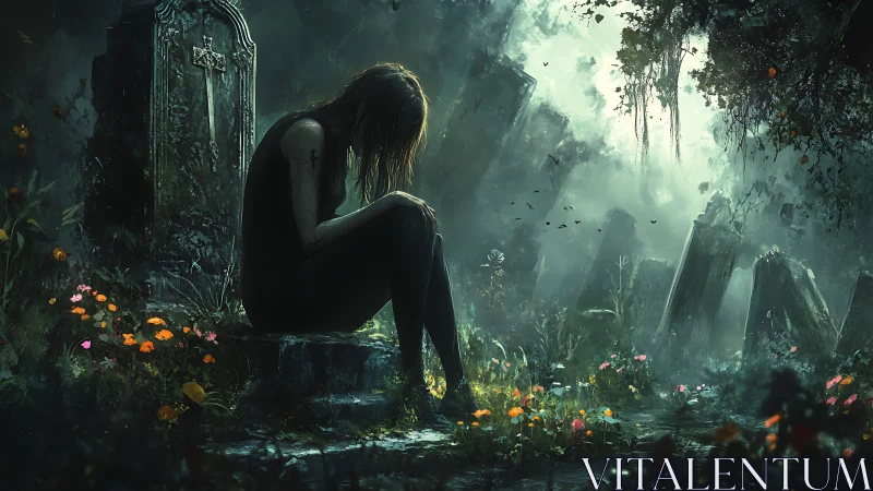 Melancholic mourner in overgrown graveyard, digital painting.