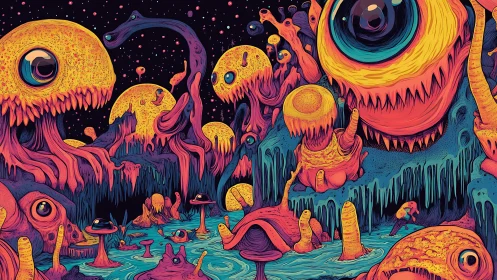 Psychedelic alien cavern overrun by giant one-eyed creatures