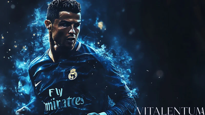 Dynamic footballer portrait with blue particle dispersion lighting effects