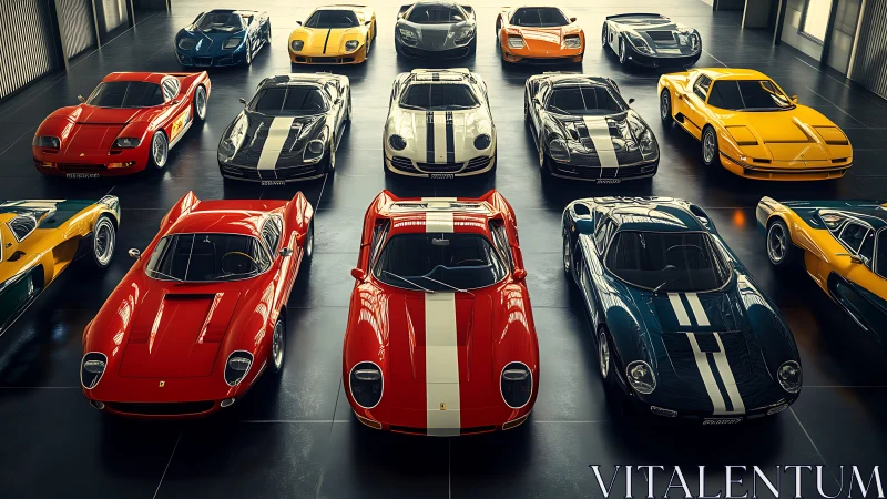 Sports cars lined in rows on glossy indoor showroom floor