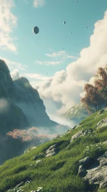 Digital landscape with levitating stones and misted valley perspective.