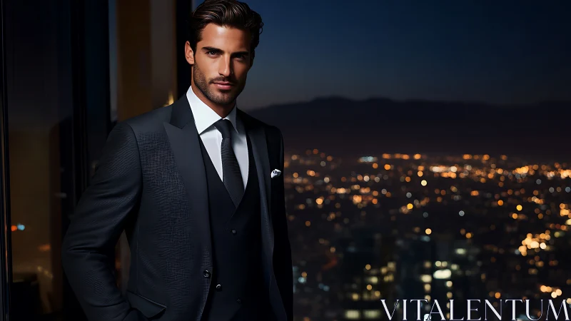 Elegant businessman in tailored suit above glowing cityscape.
