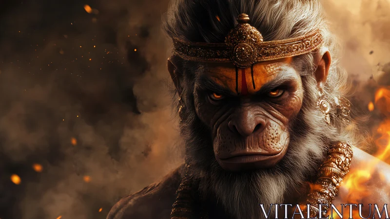 Mythic warrior ape stares through swirling embers and smoke