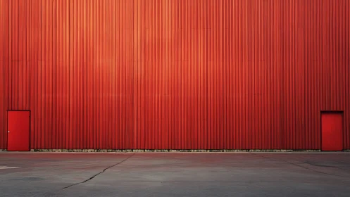 Red corrugated metal wall with two offset doors in view