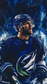 Digital painting portrait of ice hockey player in blue kit.