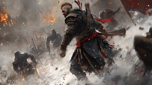 Armored warrior charges through snow amid burning siege