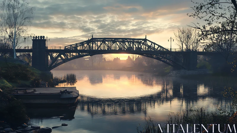 Gentle riverside bridge glowing softly in the evening light.