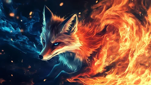 Fox-shaped elemental figure with contrasting fire and ice forms.