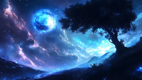 Moonlit dream tree leans toward a blazing electric cosmos