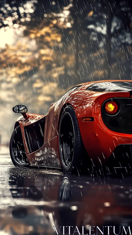 Scarlet supercar prowls rain glazed streets at sundown.