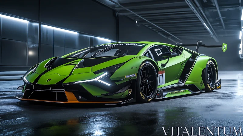 Green race-prepared supercar is parked in a lit garage