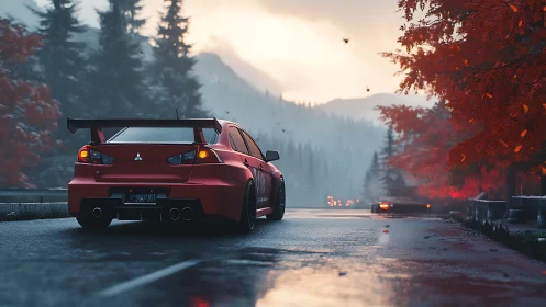 Crimson sports car glides through misty autumn mountain road