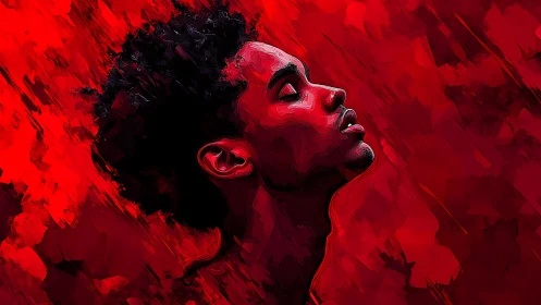 Profile portrait in red digital painting with contrast.