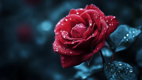 Crimson Rose with Dewdrops Against Dark Teal Background.