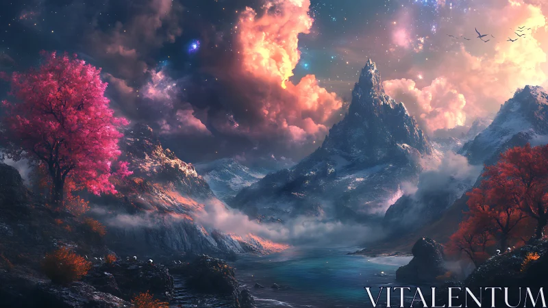 Fantastical mountain valley glows under nebula skies.