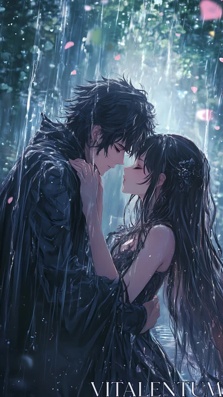 Anime rain-soaked lovers in intimate vertical portrait composition.