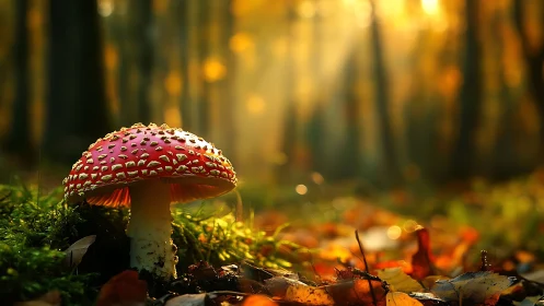 Fly agaric mushroom glows under golden forest sunlight.